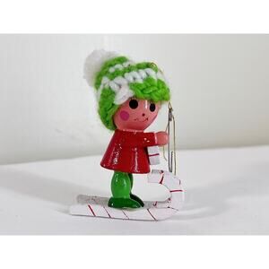 Vintage Wooden Child on Skis with Present Christmas Ornament Green Knit Cap
